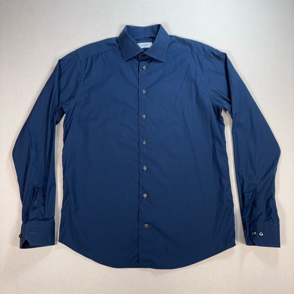 Eton Poplin Dress Shirt Men's 41-16 Navy Slim Fit 100% Cotton Button Up‎ *FLAW*